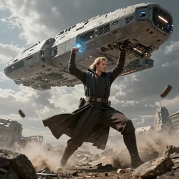 a powerful jedi in good looking futuristic clothes, uses the force to pull down and crush a monumental sized space ship from the sky to the ground beneath his feet, extremely detailed image, high quality, photoshopped, 4 k high resolution, trending on artstation