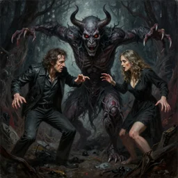 portrait painting of ed and lorraine warren possessed by demons battle the creature from the film malignant, sharp focus, full figure action shot, award - winning, dark fantasy, eerie, the occult, scary, satanic, trending on artstation, masterpiece, highly detailed, intricate. art by josan gonzales and moebius and deathburger