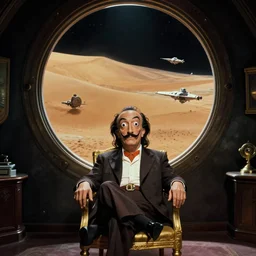 background : a huge porthole in which space, planet arrakis, and spaceships are visible | foreground : crazy magnificent!!!!! salvador dali!!!!! sits on a gold chair in a dark room | from the movie by alejandro jodorowsky with the cinematography of christopher doyle and art direction by hans giger, anamorphic lens, kodachrome, 8 k