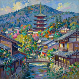 a beautiful japanese city in the mountain, amazing ryokans and gorgeous edo era houses, epic cyberpunk, lofi vibe, colorful, vivide colors, amazing light, really beautiful nature, oil painting in impressionist style, by jeremy lipkin, by claude monet, by makoto shinkai, kandinsky touches, multiple brush strokes, inspired by ghibli, masterpiece, beautiful