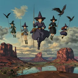realistic still from howl's moving castle ( 2 0 0 4 ) of a group of witches flying in the air in a flooded monument valley, hq depth of field.