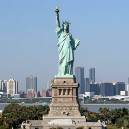 the statue stands atop a large rock with a city below
