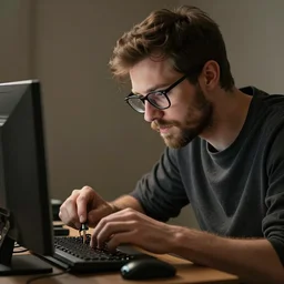 guy with glasses and a short scruffy beard trying to fix a computer