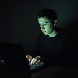 computer nerd sitting in a dark room in front of laptop computer, green computer glow on face, photograph, kodak film, realism,