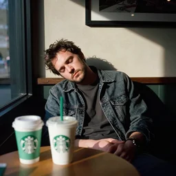 a photo of an extremely sleep deprived michael winslow sitting in a starbucks, kodak ektachrome e 1 0 0 photography