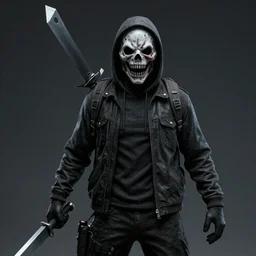 a 3 d render of a masked serial killer wearing a scary terrifying mask and holding a melee weapon, horror