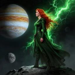 a highly detailed matte painting of christina hendricks as a red haired wizard, standing on the moon titan and looking at jupiter, viewed in profile, crackling green lightning, ultrawide lens, art by artgerm and greg rutkowski and alphonse mucha, volumetric lighting, octane render, 4 k resolution, trending on artstation, masterpiece