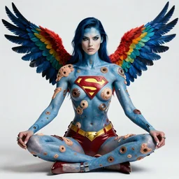 a portrait photograph of a meditating fierce krysten ritter as a colorful harpy bird super hero with blue skin. she has many skin grafts and cyborg body modifications. by donato giancola, hans holbein, walton ford, gaston bussiere, peter mohrbacher and brian froud. 8 k, cgsociety, fashion editorial