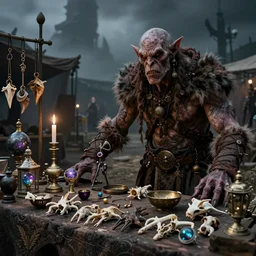 market stall in Mordor with a very dark atmospheric sky. A hideous faced orc is selling arcane wares and animal body parts