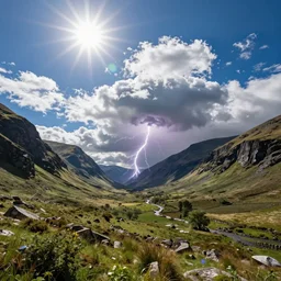 a beautiful highland valley with a big blue sky, bright sun, clouds and lightning, holy;  detailed, best on artstation, raymond swanland, bayard wu, cosmic, epic, stunning, masterpiece
