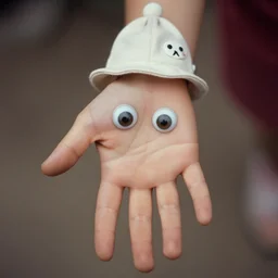 a hand that is realistic but also has eyes and little feet at the fingertips, many fingers, it's wearing a cute little hat, old photo, expired color film, 1975