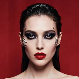 an 8 0 s portrait of a woman with dark eye - shadow and red lips with dark slicked back hair with alexander mcqueen face beads dreaming acid - fueled hallucinations by serge lutens, rolf armstrong, delphin enjolras, peter elson, red cloth background