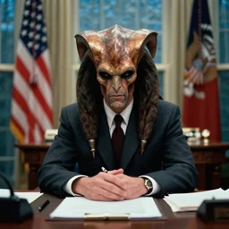 a klingon as president of the united states, in the oval office, ( ( photograph ) ), moody, realistic, detailed