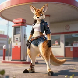 wide angle beautiful full body portrait of a strong female anthropomorphic anthro kangaroo fursona wearing biker clothes at an old gas station. character design by disney, anime, manga, charlie bowater, ross tran, artgerm, and makoto shinkai, detailed, soft lighting, rendered in octane