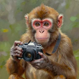 Portrait of Monkey holding a camera, oil painting
