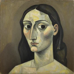a cubism extremely detailed masterpiece painting of a female with one triangular eye one trapezoid eye one side view of a nose a heat shaped elongated mouth at an angle a sharp jaw and no ear long hair on the same canvas plane, in the style of pablo picasso, muted brown yellow and blacks