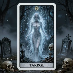 tarot card art, a beautiful centered etheral ghost female facing camera in ruined cemetery by night, ultra intricate details, omnious style, volumetric light and fog, skulls
