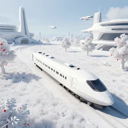 A beautiful vanishing point perspective of a very detailed white long geometrical straship in the daylight that is parked on the ground, futuristic buildings on the background, white grass field on the ground, straships flying in the sky, white trees with red leaves around the area, John Harris, Federico Pelat, Ivan Aivazovsky Trending on Artstation, Daylight, Cozy, Matte Painting, 4k,