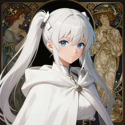 anime girl with white hair gathered in two tails, with white diamond - shaped hairpins on her head, dark blue eyes, in a white cloak and hood, anime style, 4 k, high quality, digital painting, elegant, highly detalied, artstation, concept art, art by artgem and greg rutkowski and alphonse mucha