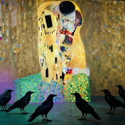 a battle if crows in mumbai, hyperrealistic film still by edward hopper, by gottfried helnwein, by klimt, by paolo uccello, art nouveau, highly detailed, strong lights, liminal, eerie, metaphysical, bright pastel colors,