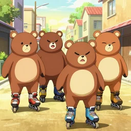happybears!, humanoid bears, bear costumes, happy faces, evil happy faces, rollerblading, rollerskates, four humanoid bears, 2 0 0 1 anime, flcl, golden hour, japanese town, cel - shaded, strong shadows, vivid hues, y 2 k aesthetic
