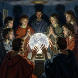 a crystal orb radiating white light, worshippers in robes belonging to the cult of the crystal reach out to touch it, interior of a small room, beksinski painting, part by adrian ghenie and gerhard richter. art by takato yamamoto. masterpiece, deep colours