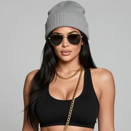 Kylie Jenner with aviators and a grey beanie while wearing a black crop top with cleavage with golden chains around her neck, Realistic, 4k Resolution, 8k Resolution, Detailed, Very Detailed, Highly Detailed, HD Quality, Digital Art, Trending on Artstation, in the style of James Lee