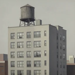 american city, modern times, an apartment building, four stories high, with a huge water tank on the roof. the color of the picture is gray, and the painting style is realistic and retro