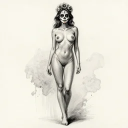 full body pencil sketch of a beautiful young woman with mexican skull make up, dia de los muertos, no clothes, perfect anatomy, full body, watercolor background, pencil art, ink and pencil, hyperrealistic, hyperdetailled, digital art, greg rutkowski, artstation, 8 k, beautiful drawing, paper texture, spray paint, watercolors