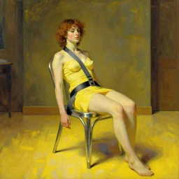 beautiful by evelyn de morgan, by raphael, by david wiesner electric yellow. a land art of a metal chair with a seatbelt attached to it. the chair is placed in the center of a room & the seatbelt is used to strap a person into the chair. the person is then unable to move & at the mercy of the chair.