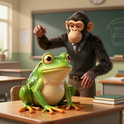 happy ape professor teaching frog in a class room, artstation