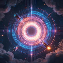 horizontal centered neon cyberpunk distortion field electron tube with concentric data rings around it, glowing, fantasy, networking, camera shutter iris, singularity, clouds, circuitry, explosion, dramatic, intricate, elegant, highly detailed, digital painting, network, artstation, concept art, smooth, sharp focus, illustration, octane render