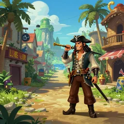 Concept art of Melee Island street from the videogame Thee Secret of Monkey Island. Lucasarts. Guybrush. Lechuck. Pirates. Trending on Artstation. Craig Mullins.