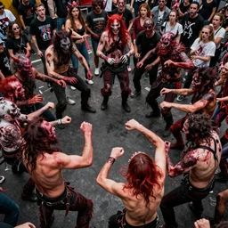 abstract mosh pit, slam dancing creatures, circle pit demons, chaotic riot, violent zombie dance, violent protest, war photography, high detail, 4 k