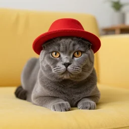 gato gris con un sobrero de color rojo en una habitación amarilla