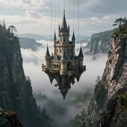 cinematic view of floating castle hanging by chains in the air, in between a gorge, below only cloud dark void, 8 k resolution