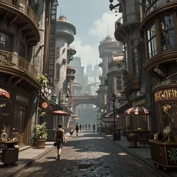 steampunk city streets by Tomer Hanuka, trending on artstation, octane render