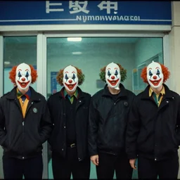 cctv footage of four robbers at a bank wearing clown masks, film grain, 4k, hd