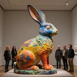 stunning colorful intriguing polished painted massive clay sculpture of a mythic rabbit animal by beth cavener in a museum. painted color fading fradient. with help of ellen jewett, beth cavener, sayaka ganz, edouard martinet, john o'reilly and judith klausner