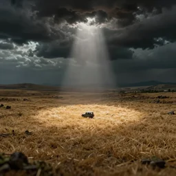 a small vehicle in the middle of a large lonely field, diorama miniature effect, terror descending upon earth