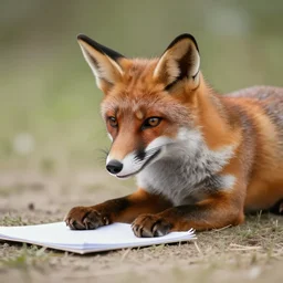 fox using an olivetti to write a script but he ’ s not sure about it so far, character sheet, colorful, contrast, 3 d scene, greg rutkowski, zabrocki, karlkka, jayison devadas, trending on artstation, 8 k, ultra wide angle, zenith view, pincushion lens effect