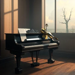 🌿 piano, violin, 3 d, unreal engine 5, octane render, detailed, cinematografic, cinema 4 d, nvidia ray tracing graphics, artstation, greg rutkowski style, style rene magritte, surreal