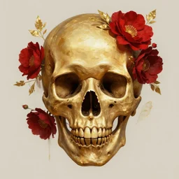 A potrait of a skull head with gold and red flowers, digital painting, by Stanley Artgerm Lau, WLOP, Rossdraws, LeraPi, and Sakimichan, digital painting, trending on ArtStation, deviantart, SFW version