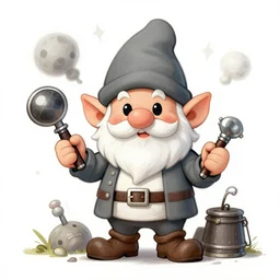 sketch of a funny chibi dnd gnome inventor tinkerer wearing a daft punk helmet, he has a wrench on one hand and a notebook on the other hand, etching by louis le breton, 1 8 6 9, 1 2 0 0 dpi scan