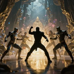almost silhouette of 5 marvel fantasy characters fight with magic in big cave, action scene, lumen reflections, sharpened, insanely detailed and intricate, hypermaximalist, elegant, ornate, hyper realistic, super detailed, digital art, bokeh blur
