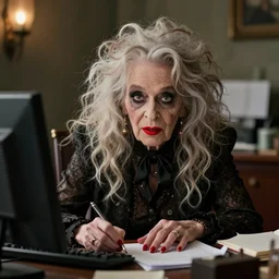 Candid portrait photograph of the Crazy Cat Lady as a haggard old witch with frizzy hair and red lipstick, working in an office, taken by Annie Leibovitz