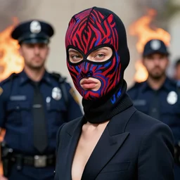 high fashion model wearing black balaclava, red and blue zebra pattern in face, psychedelic color theme, beautiful hyperrealisitic portrait of burning police officer, tristan eaton, victo ngai, artgerm, rhads, ross draws