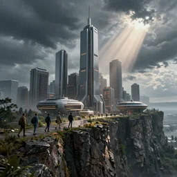 realistic photograph of super future cyber city on the high cliff ， volumetric lighting, rain, god's ray, soviet, detailed characters, summer, dark overcast weather, high detailed, smooth, mark arian, award winning, highly detailed 4 k art by beeple and fvckrender and visualdon, trending on cgsociety - 7 6 8