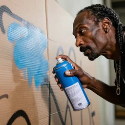 snoop dogg holding a blue spray paint can, about to paint on cardboard