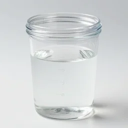 Jar ​​made of transparent plastic with markings in Japanese. Inside is a clear liquid, realistic matte painting,